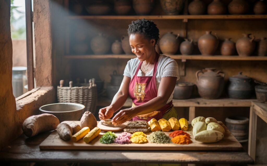 Authentic African cooking with traditional ingredients - yam, plantain and spices