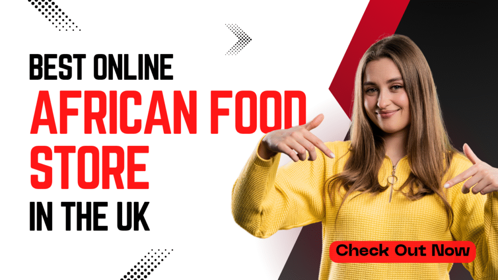 Smiling woman pointing at text promoting the best online African food store in the UK with call to action to check out Okin Foods – ideal for African food online delivery UK